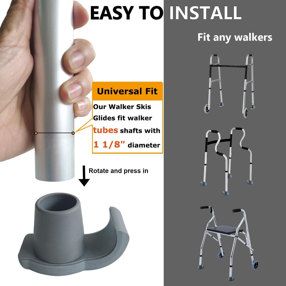 2 Pack Walker Ski Glides Universal Fit Walker Feet Replacement Gray