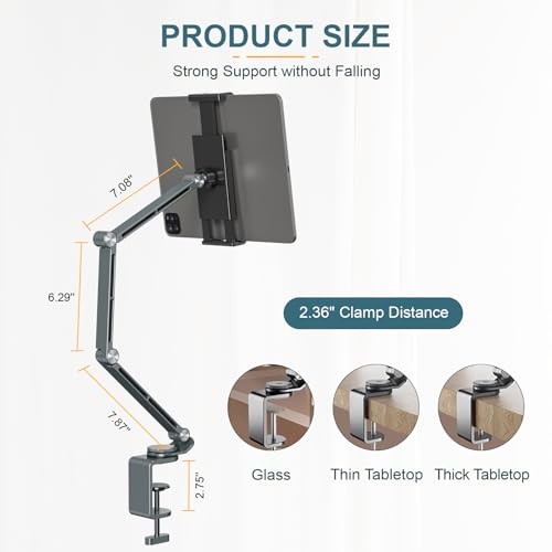 Tablet Stand Holder, Tablet Desk Mount, Adjustable Foldable Tablet Arm Grey