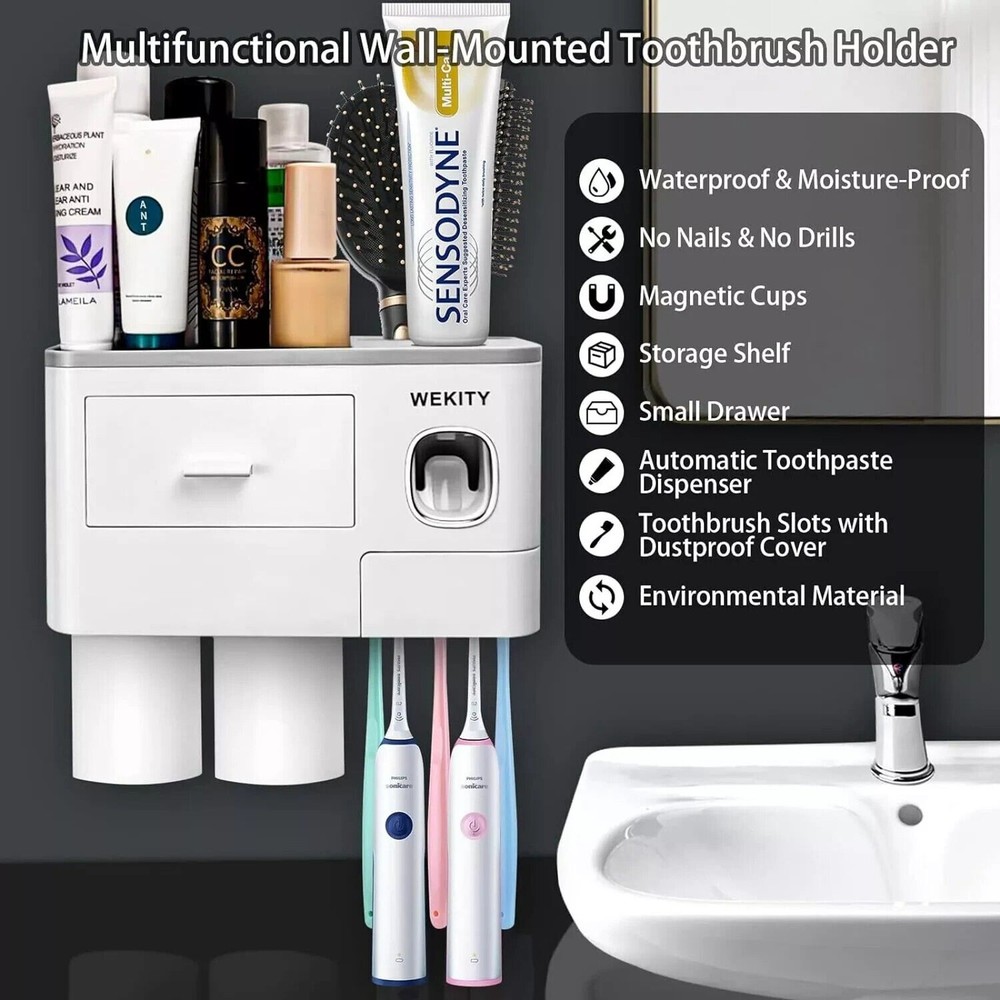 NEW Wekity Multifunctional Wall-Mounted Toothbrush Holder Automatic Toothpaste