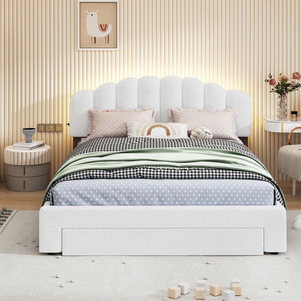 Queen Size Bed Frame Upholstered Platform Bed with Drawers White/Beige/Gray