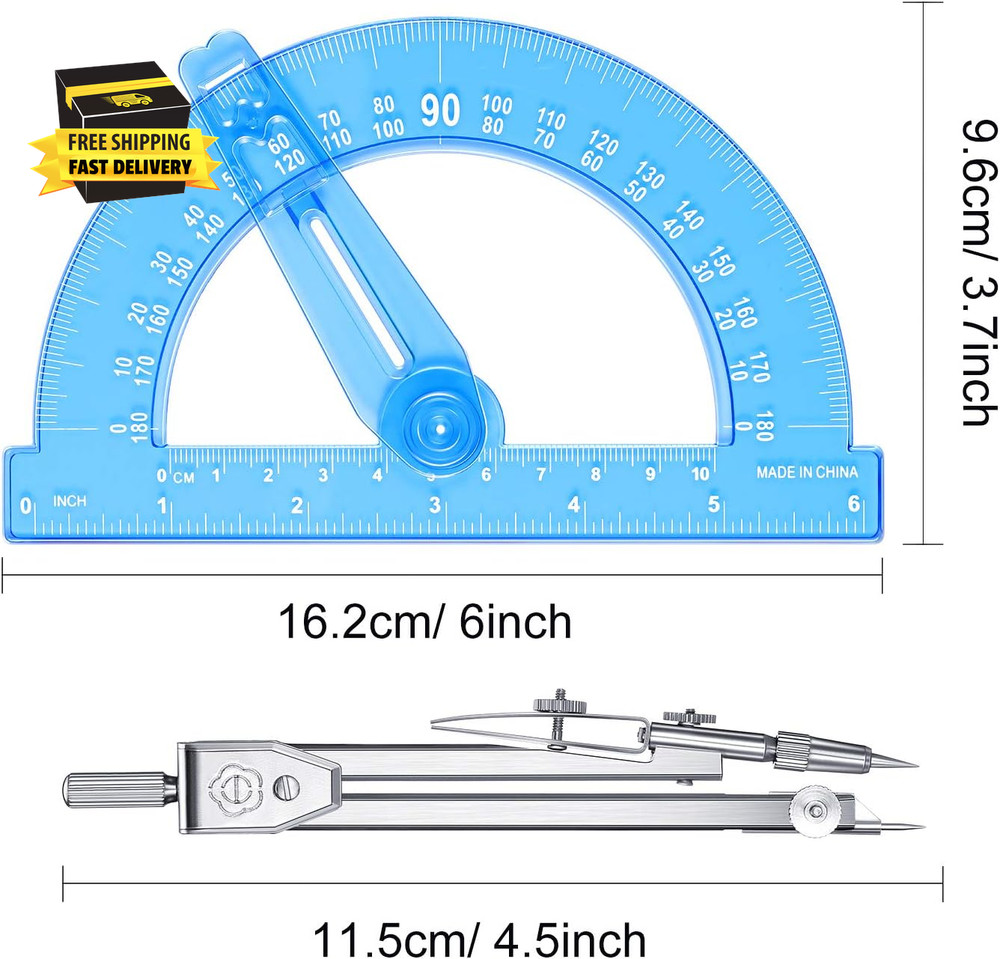 Student Geometry Math Set, Drawing Compass and 6 Inch Blue Swing Arm Protractors