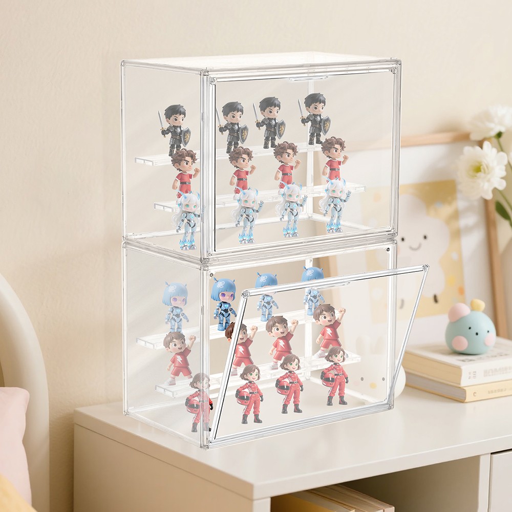 2PCS Clear Acrylic 3 Tier Figure Display Case w/2 Movable Plates Stackable Show