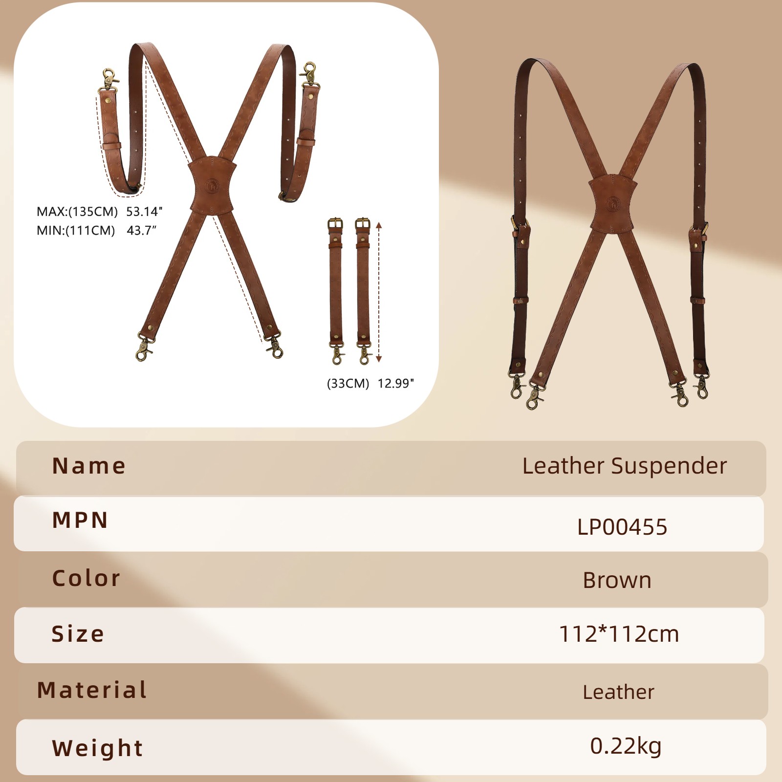 Tourbon Leather Men's Suspenders X Back Adjustable X-Shaped Hooks Pants Braces