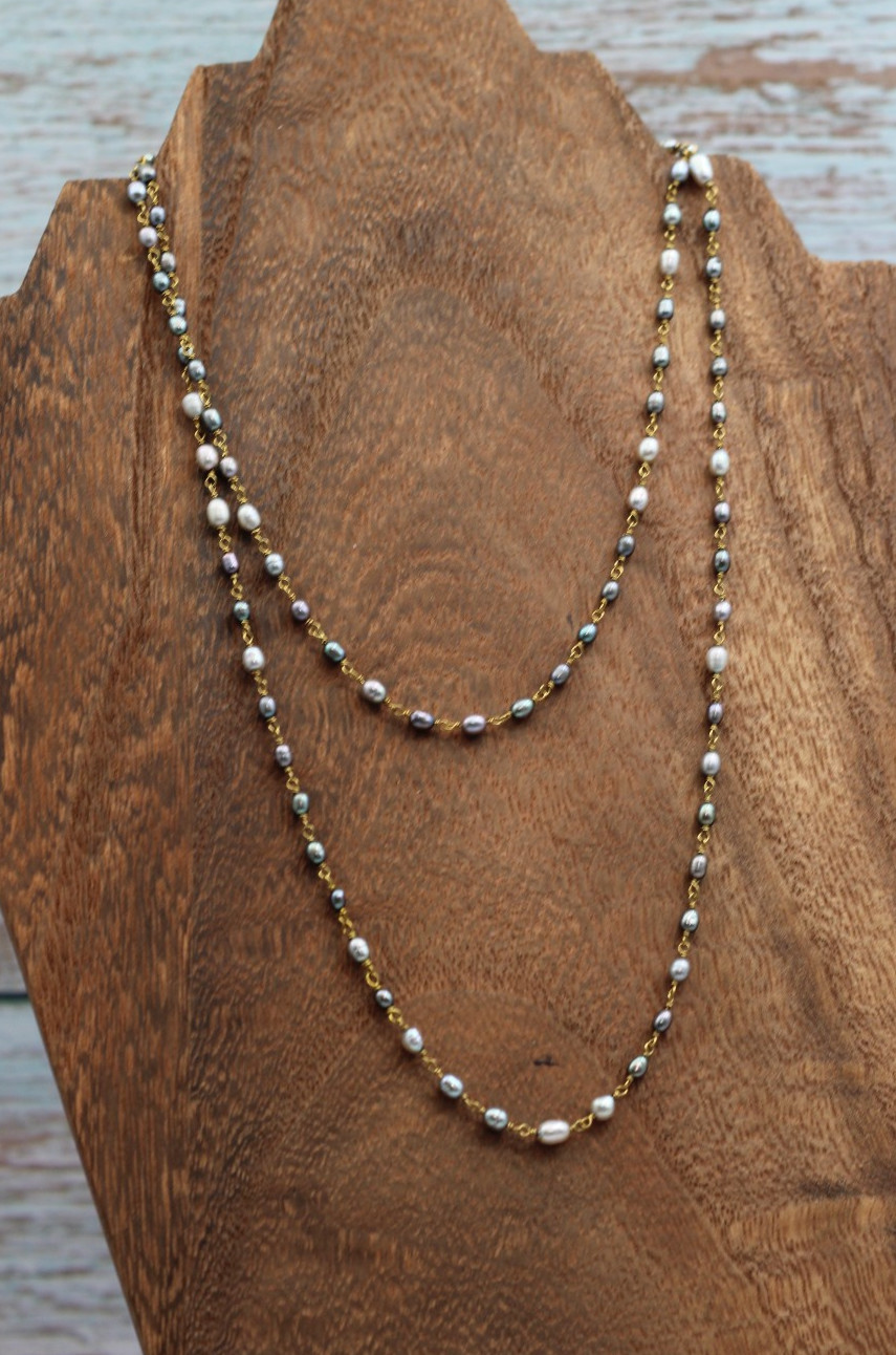 Vintage Style Gray Rice Pearl & Brass Link Necklace – 36", MSRP $120