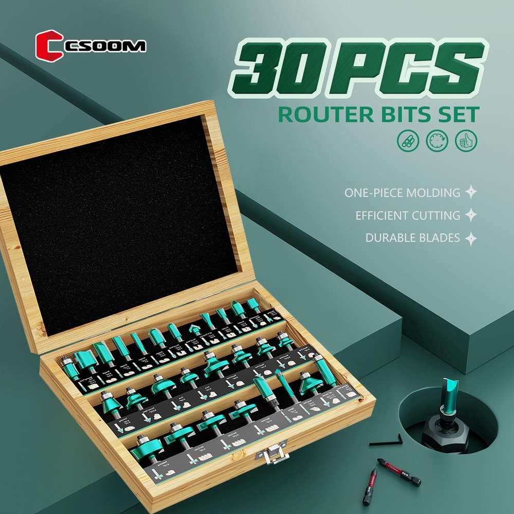 CSOOM 30PCS Router Bits Set - 1/4" Shank Woodworking Tools