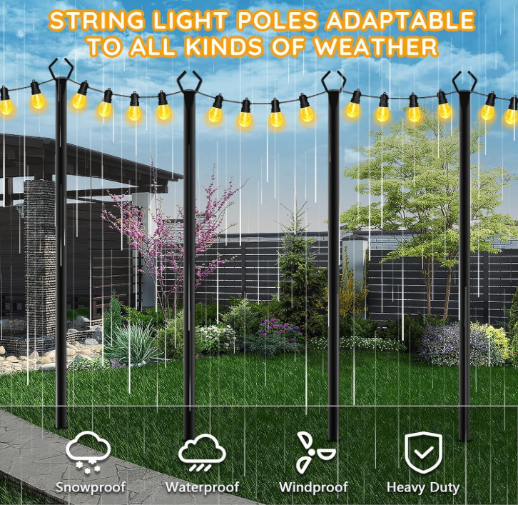 6 Pack 10ft Outdoor String Light Poles, Rustproof, Adjustable, with Hooks & Deck