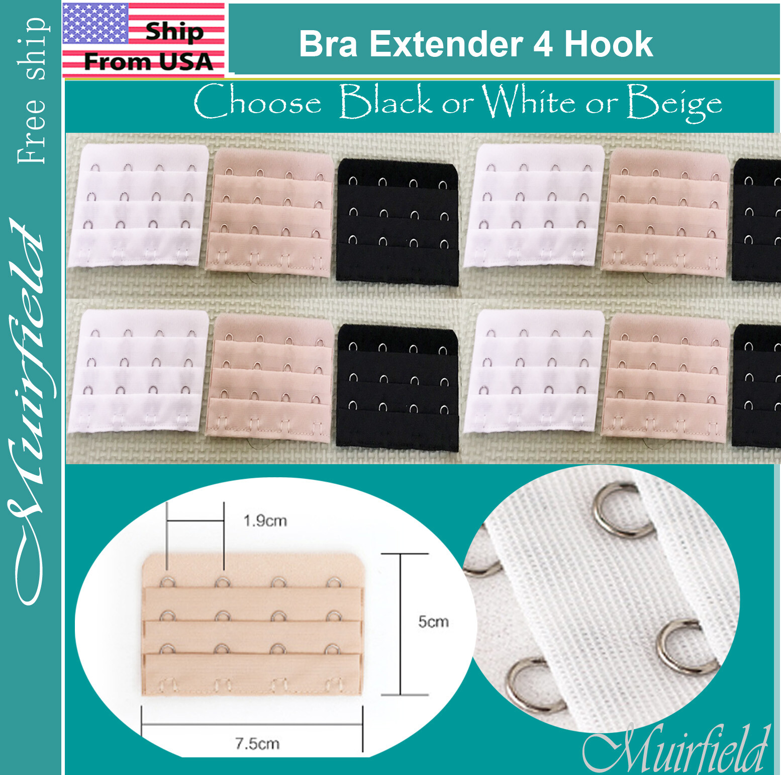 Bra Extender 4 Hook Extension Black or White or Beige -US SELLER