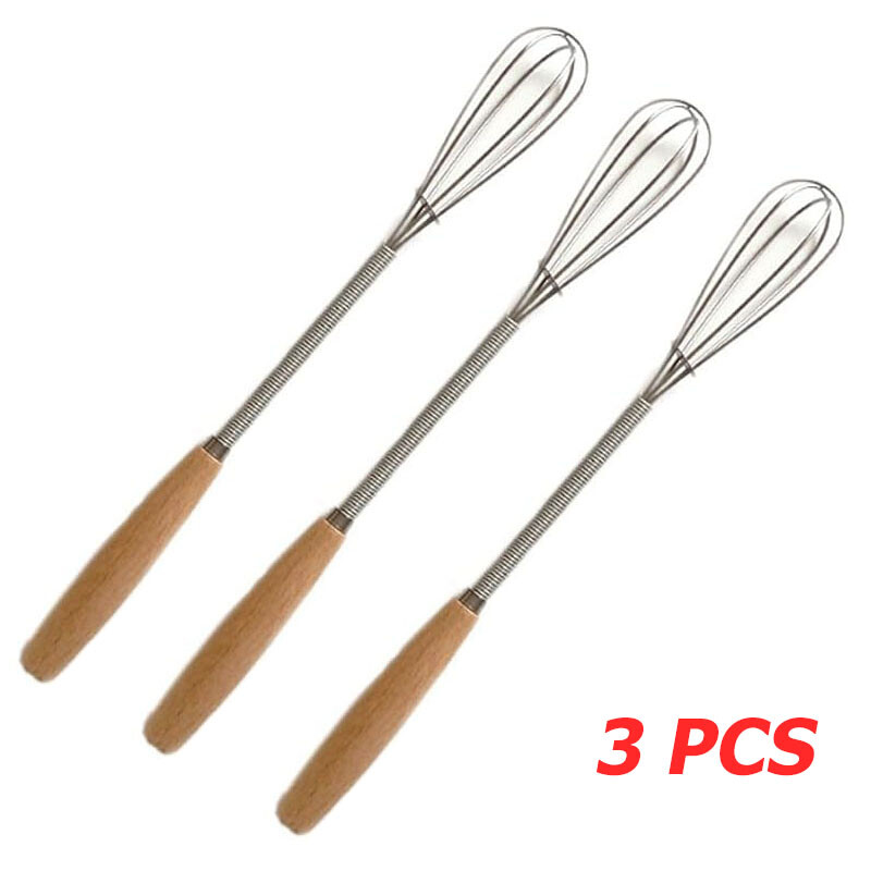 3Pcs Whisk With Solid Wood Handle Kitchen Mini Stainless Steel Egg Beater