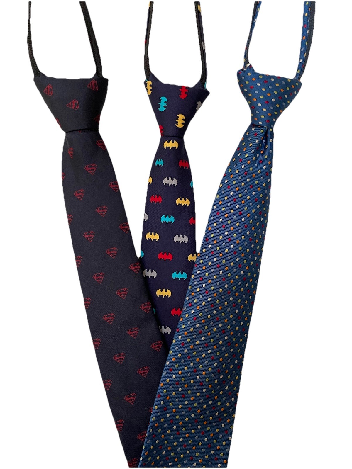 Lot (3) Boy’s 100% Silk Ties DC Batman, DC Superman, Talbots Tie Zipper Pre-tied