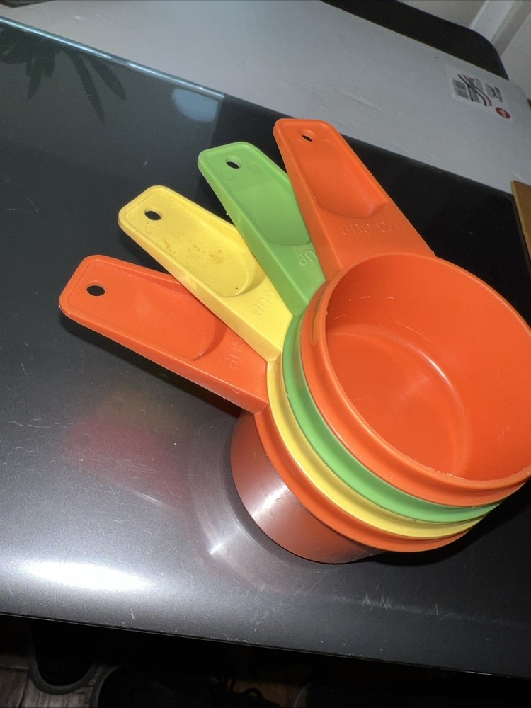 4 Tupperware Stacking Nesting Measuring Cups 1/3, 1/2, 2/3, 3/4” Rainbow
