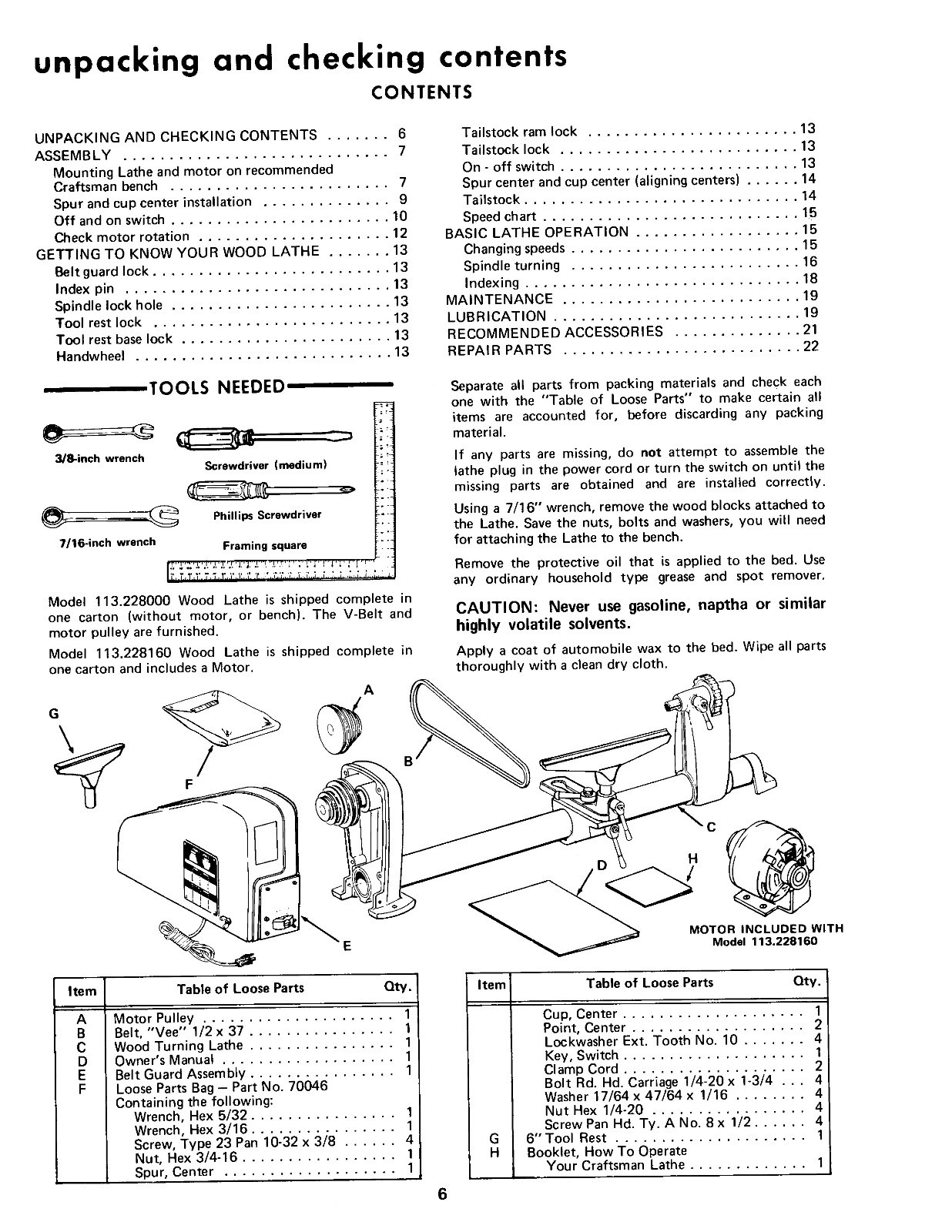 Sears Craftsman 12" Wood Lathe 113.228000 & 113.228160 Op & Parts Manual #1128