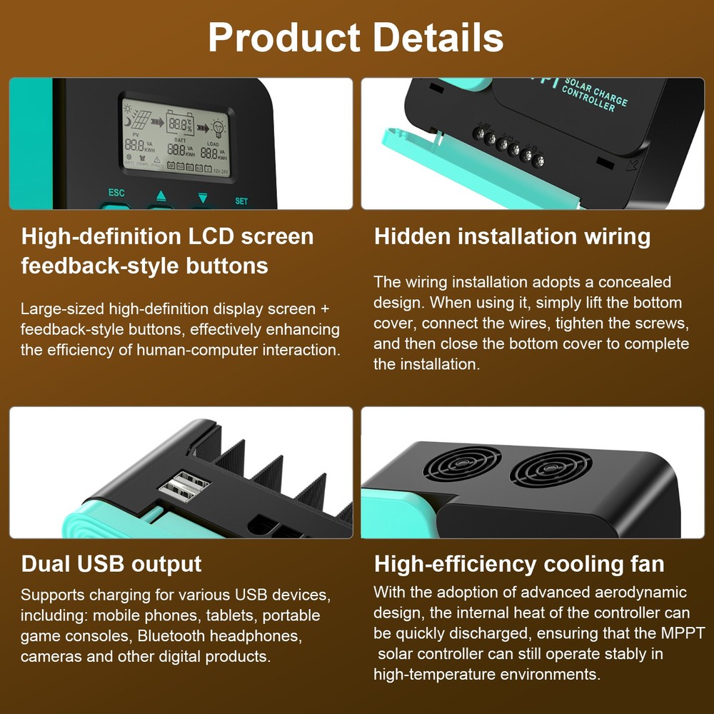 40A Solar Charge Controller 12/24V MPPT with Dual USB&LCD for Multiple Batteries