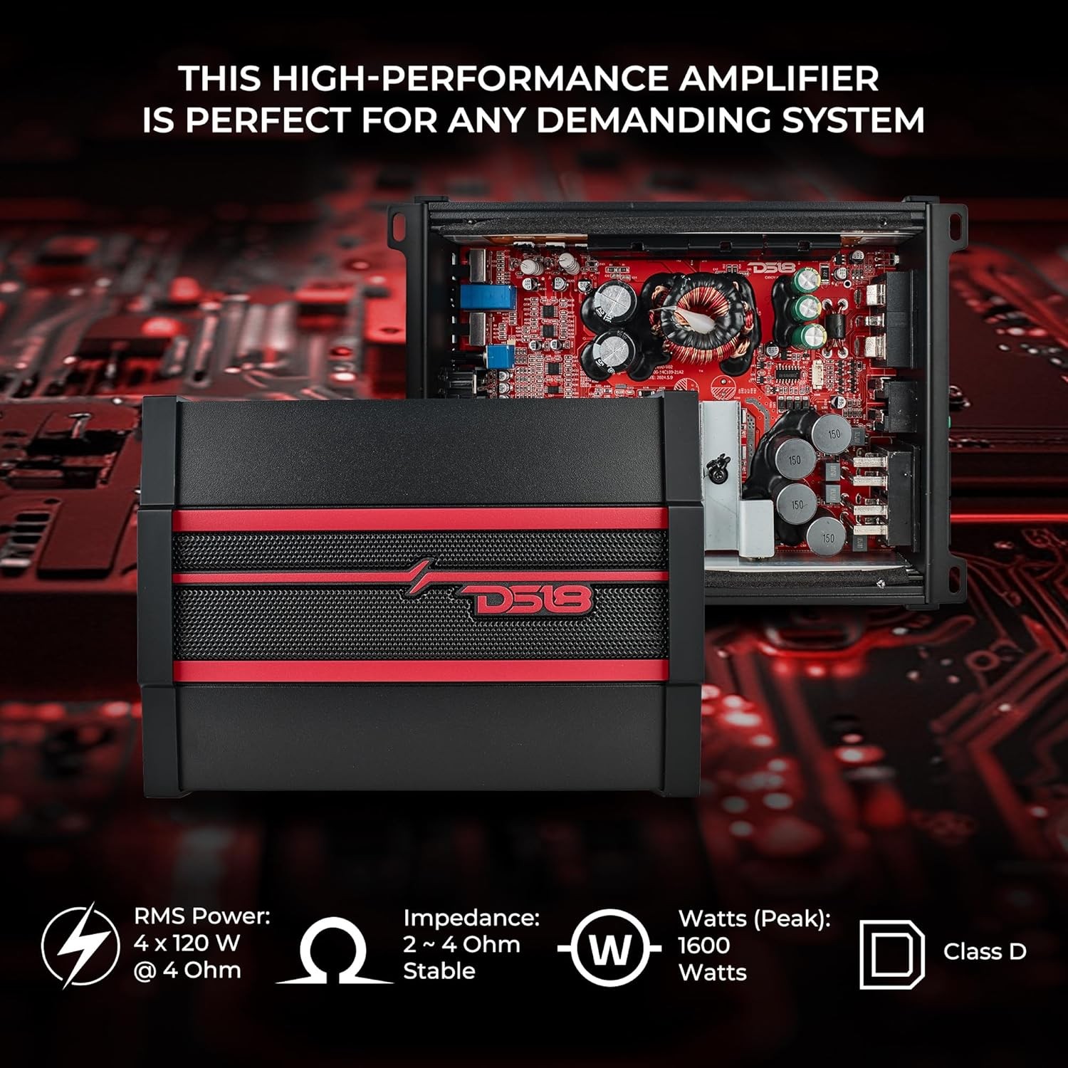 DS18 CANDY-X4B Compact Full-Range Class D 4-Channel Amplifier 1600 Watts