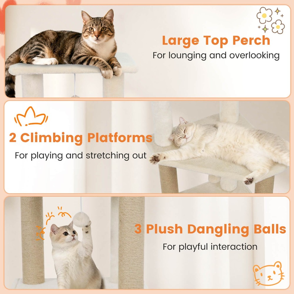 64” Tall Cat Tree with 2 Large Condos, Jute Scratching Posts, Plush Top Perch