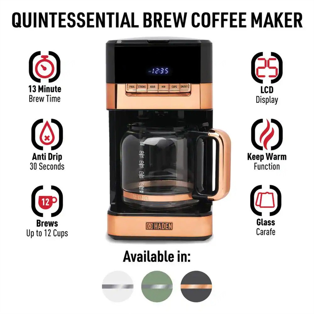 Haden Quintessential 12 Cup Programmable Digital Coffee Maker, Black/Copper
