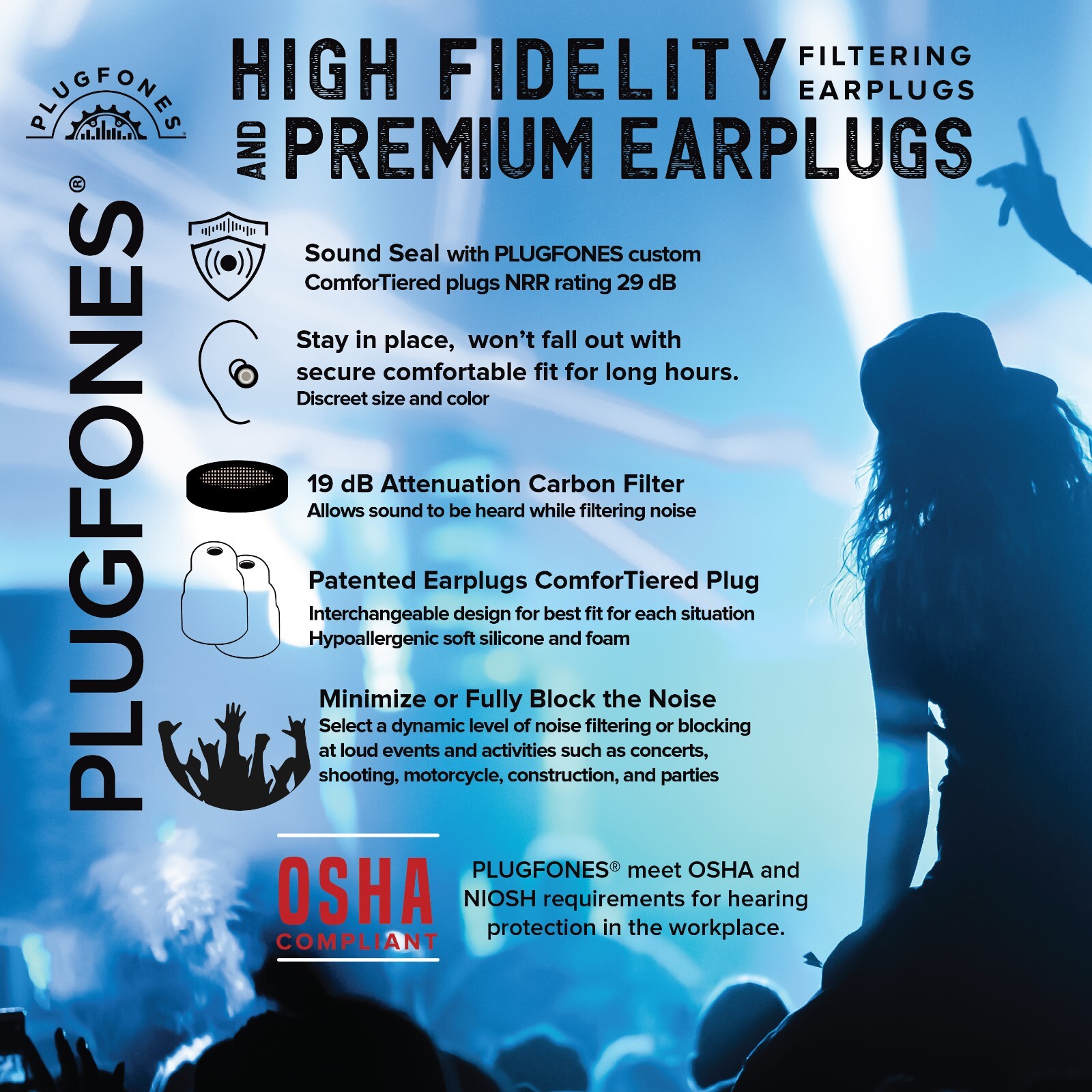 Plugfones High Fidelity Musician Ear Plugs and Concert Earplugs