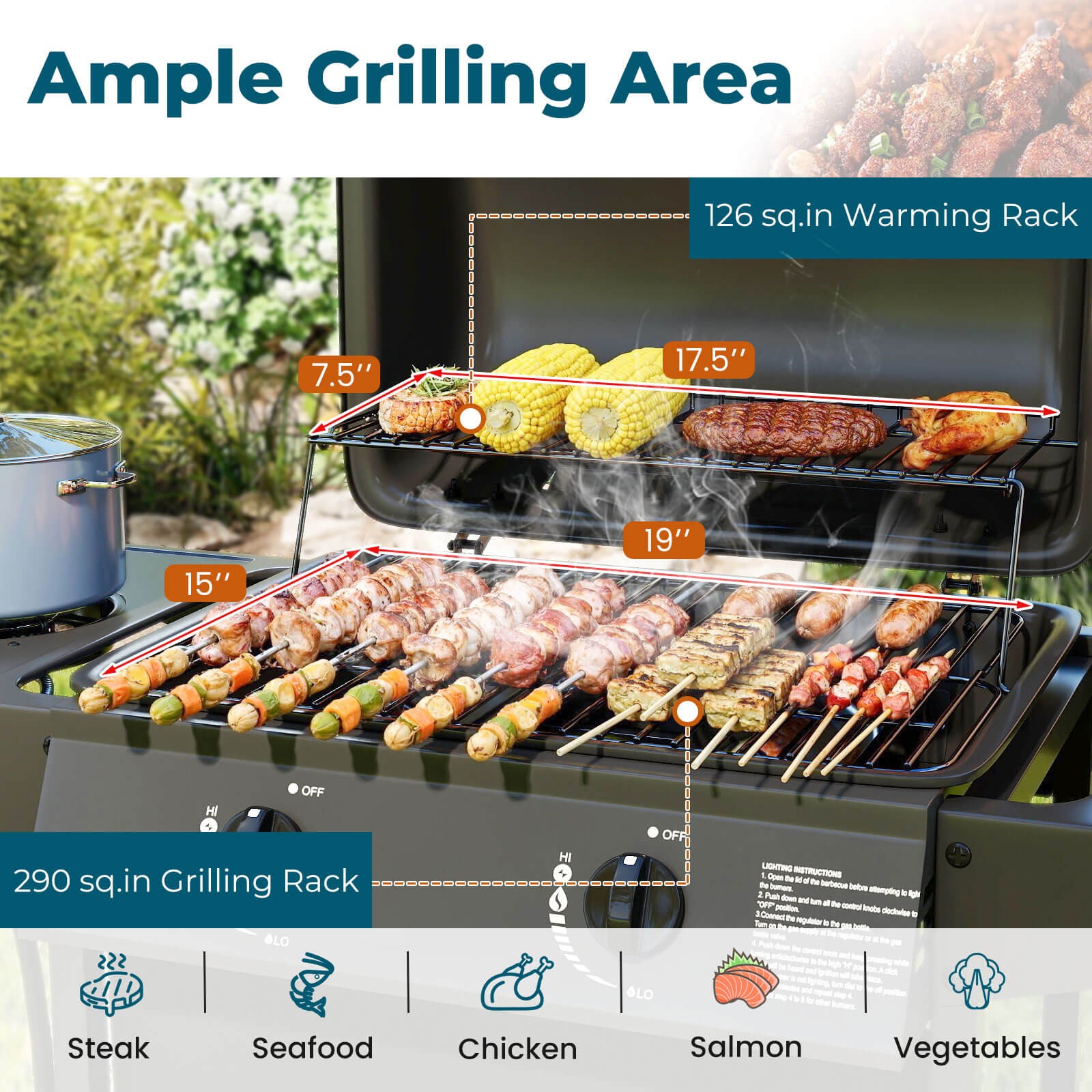 30,000 BTU Outdoor Cooking Grill w/Storage Shelves & Porcelain-Enameled Grates