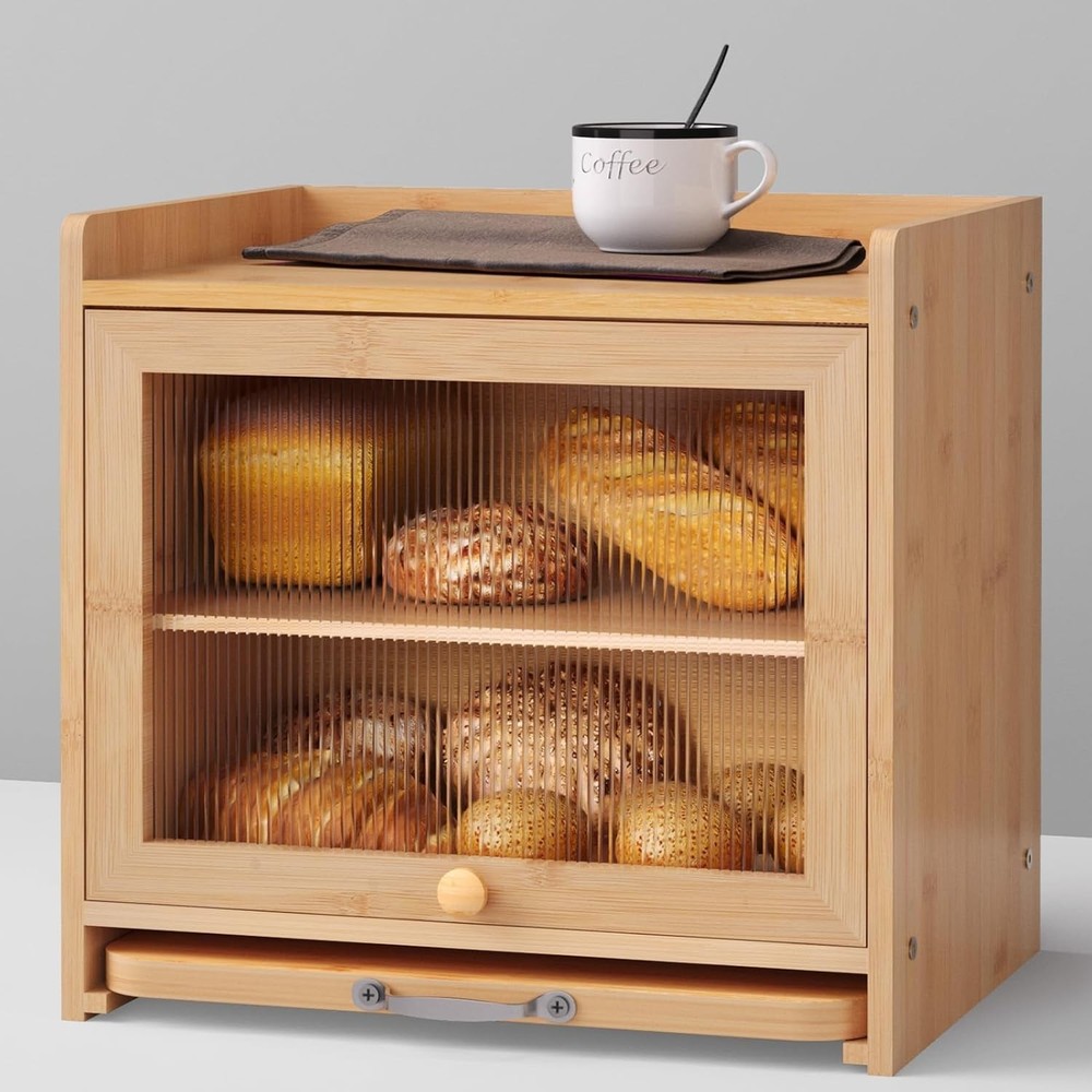 Bamboo Bread Box for Kitchen Countertop, Double Layer Kitchen Counter Organizers