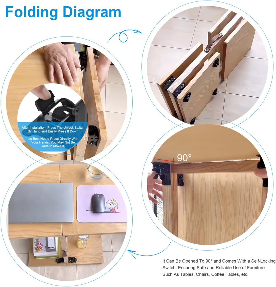4 Pack Folding Brackets, Self-Locking Hinges with Screws & Non-Slip Pads, 500LB