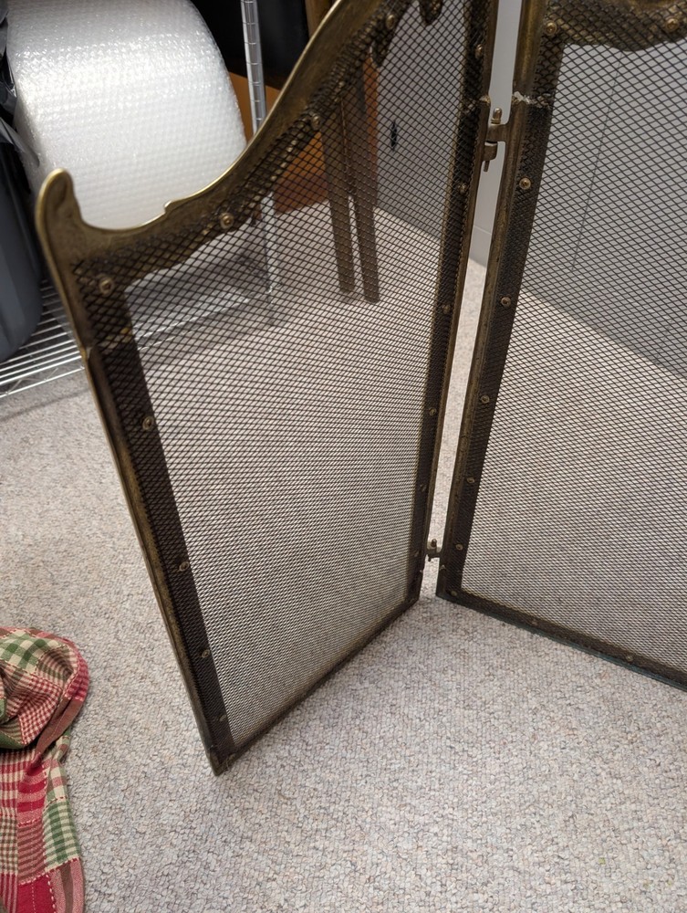 Vtg 3 Panel Fold Brass Shell Rose Fireplace Screen