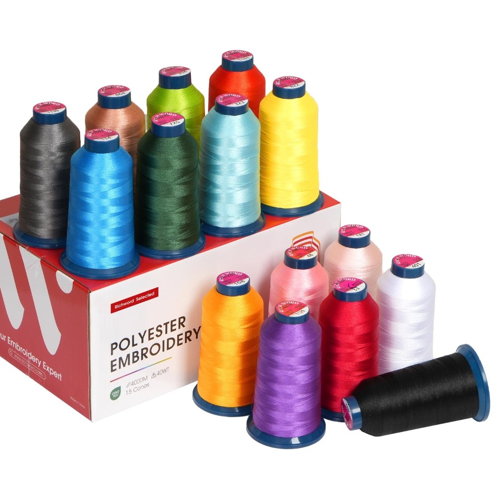 40WT Polyester Embroidery Thread Kit - 15 Colors, 4000M Cones, Studio Essentials