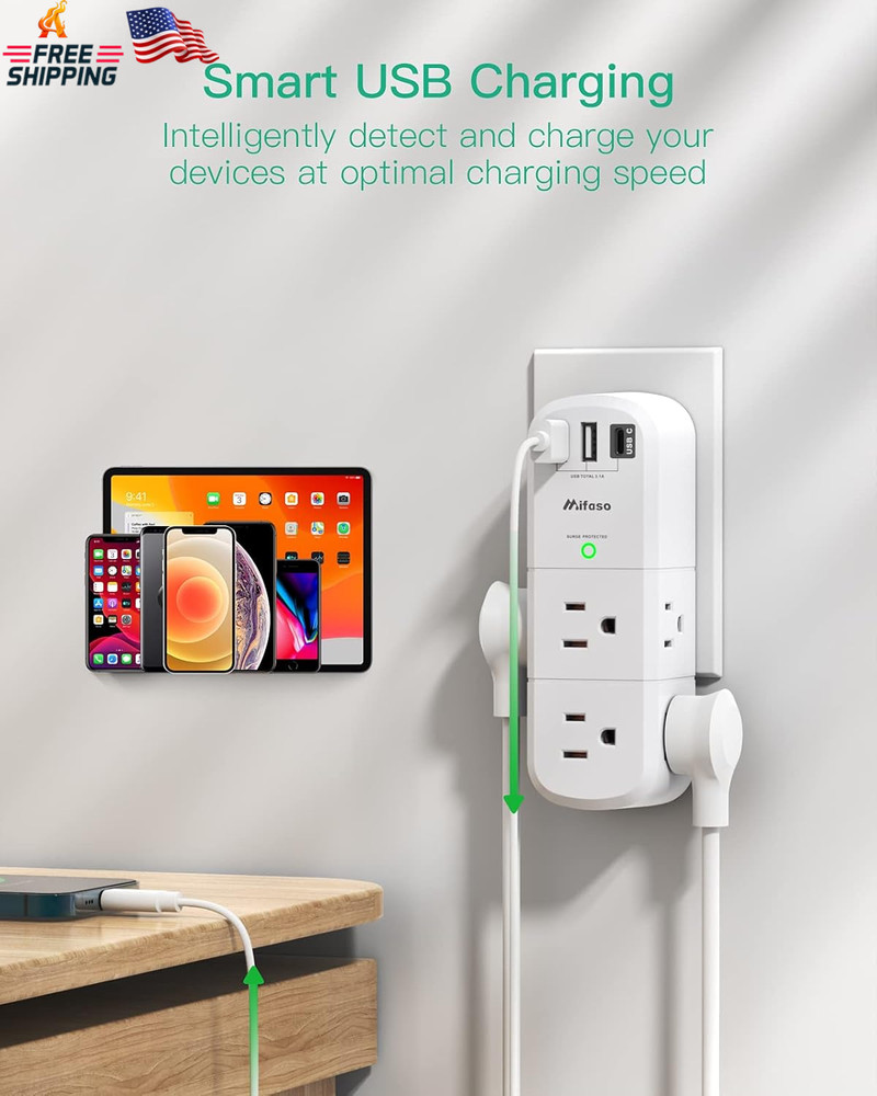 Outlet Extender with Rotating Plug, Mifaso Surge Protector 6 AC Multi Plug Wall