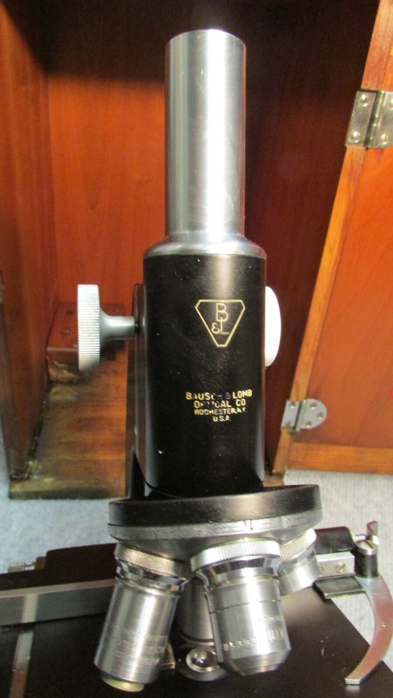 Antique BAUSCH & LOMB MICROSCOPE Complete with Original Locking Wood Case & Key