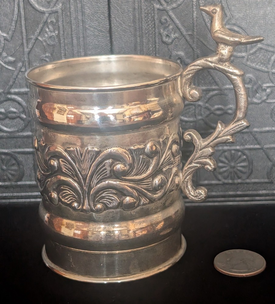 Vintage Ornate Silverplate Infant/Baby Baptism Christening Cup w Bird Handle