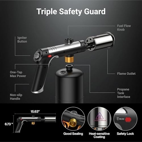 High-Performance Propane Torch with One-Touch Max Fire, Safety Lock, BBQ & Cooki