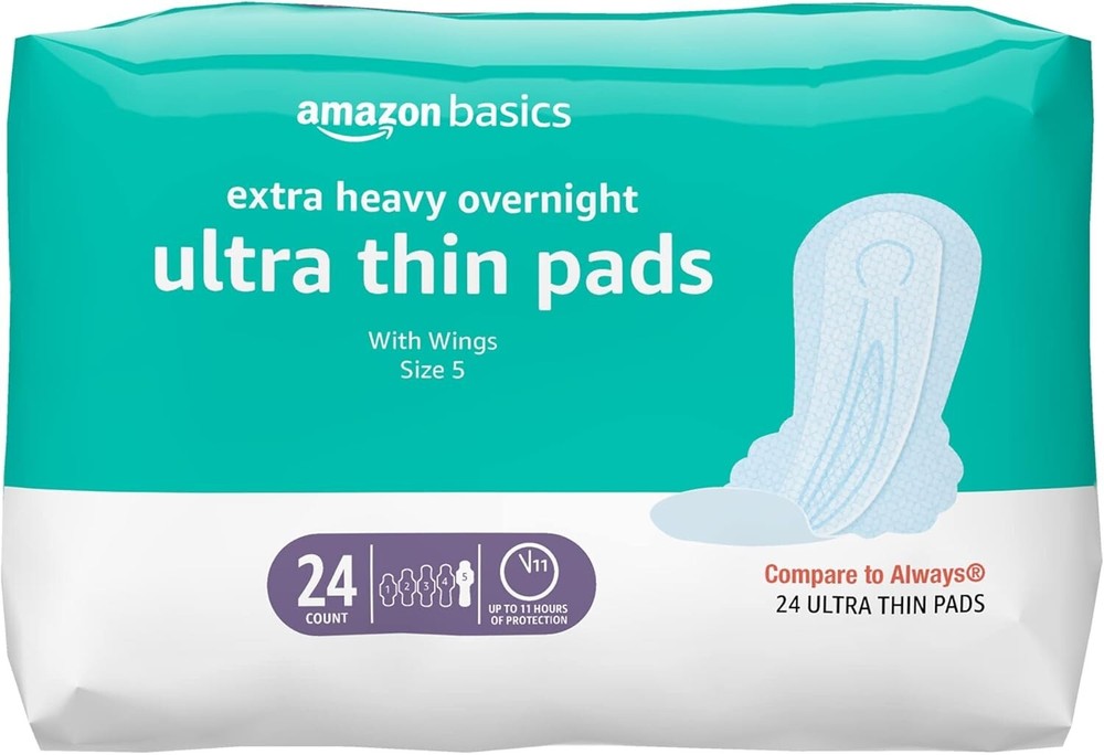 Amazon Basics Ultra Thin Overnight Pads, Size 5, 24 Count, Unscented