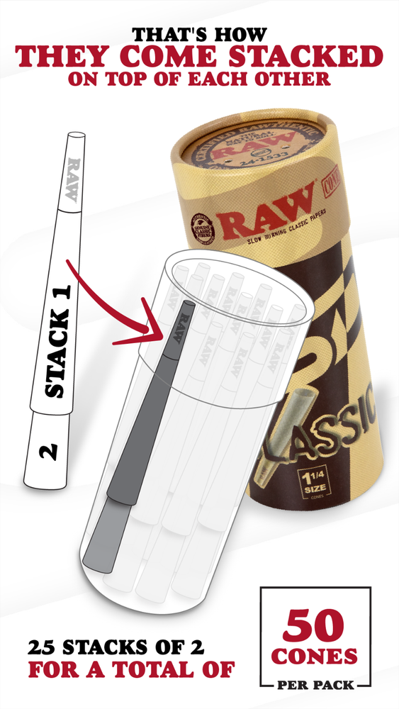 RAW Cones 1-1/4 Classic | 50 Pack | Slow Burning with Pre-Rolled Tips