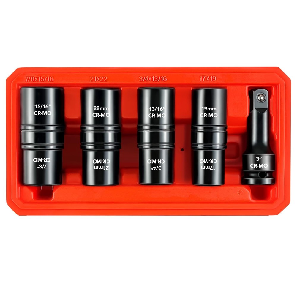 1/2" Drive Flip Lug Nut Socket Set, 5-Piece Double Sided Thin Wall Wheel Prot...