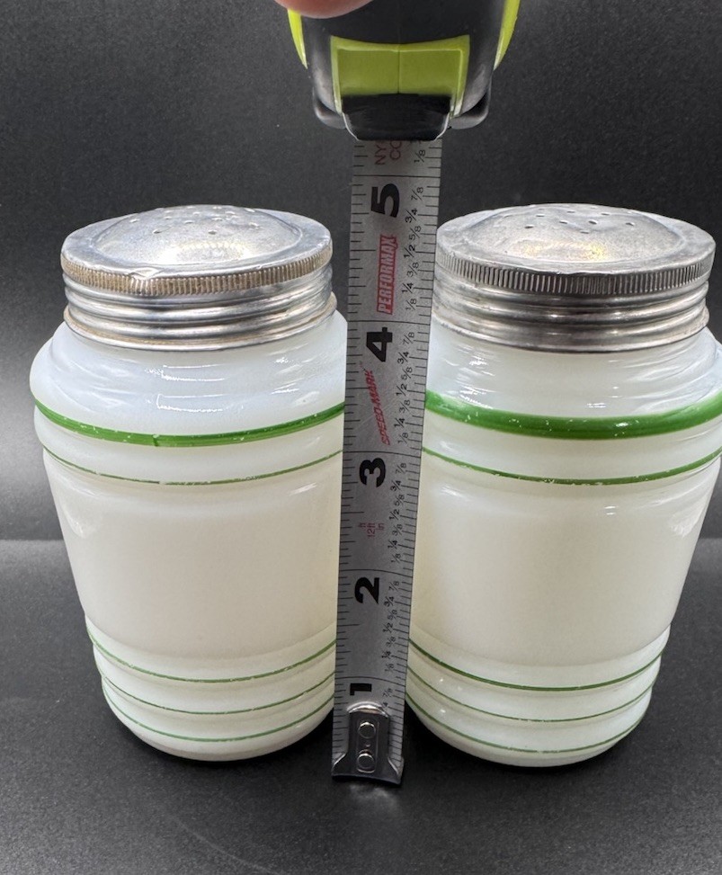 HAZEL ATLAS White Milk Glass Green Letters 1940s Ribbed Salt Pepper Shakers Set
