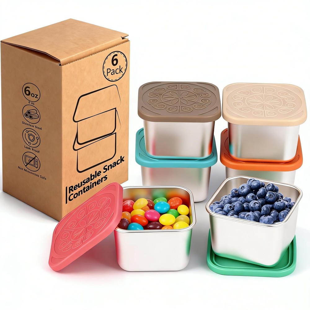 6 Pack Stainless Steel Snack Containers - 6oz Reusable & Small Containers Wit...