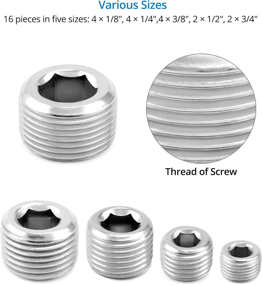 QWORK 304 Stainless Steel Pipe Fitting Kit Hex Countersunk Plug Assortment Set w