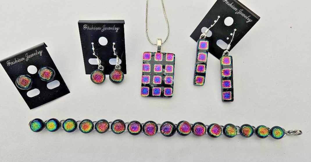 Handcrafted Fused Dichroic Glass Pendant, Earrings X 3, Bracelet Set