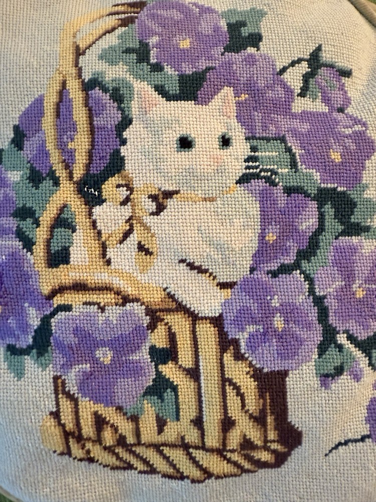 Vintage Cat Needlepoint Embroidery Yarn Art Pillow