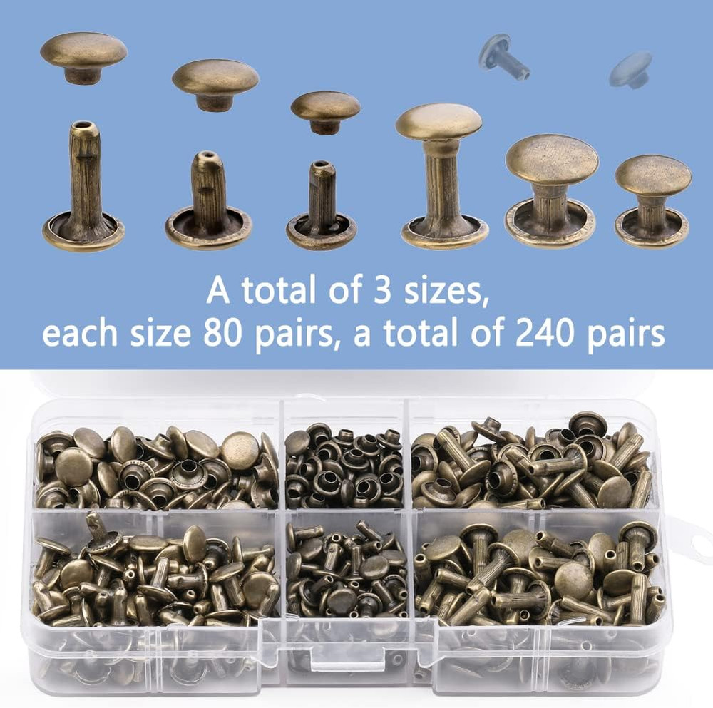 240 Sets Rivets for Leather, Leather Rivets 3 Sizes Leather Double Cap Rivets fo