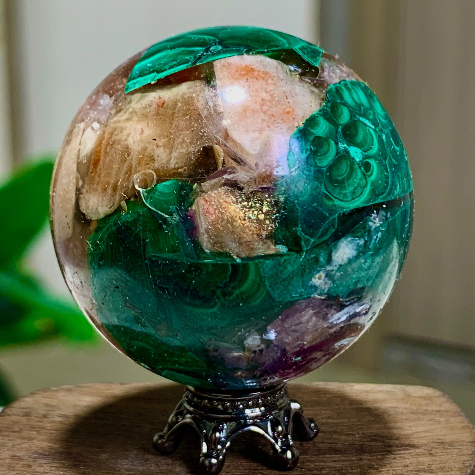 84G Newly discovered rare malachite purple mica symbiotic sphere restoration