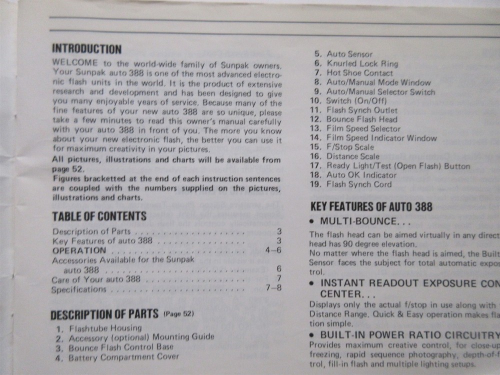SUNPAK Thyristor auto 388 Owner's Manual