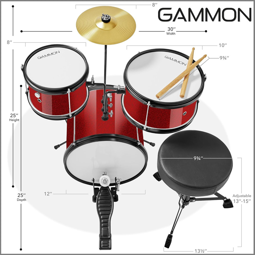 Gammon 3-Piece Junior Drum Set with Throne - Red, Complete Beginner Kit with Bas