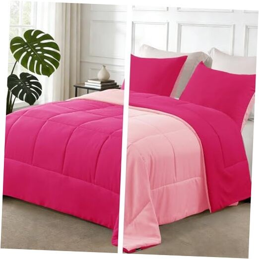 Lightweight Reversible Size Comforter Set, Down Alternative Queen Pink