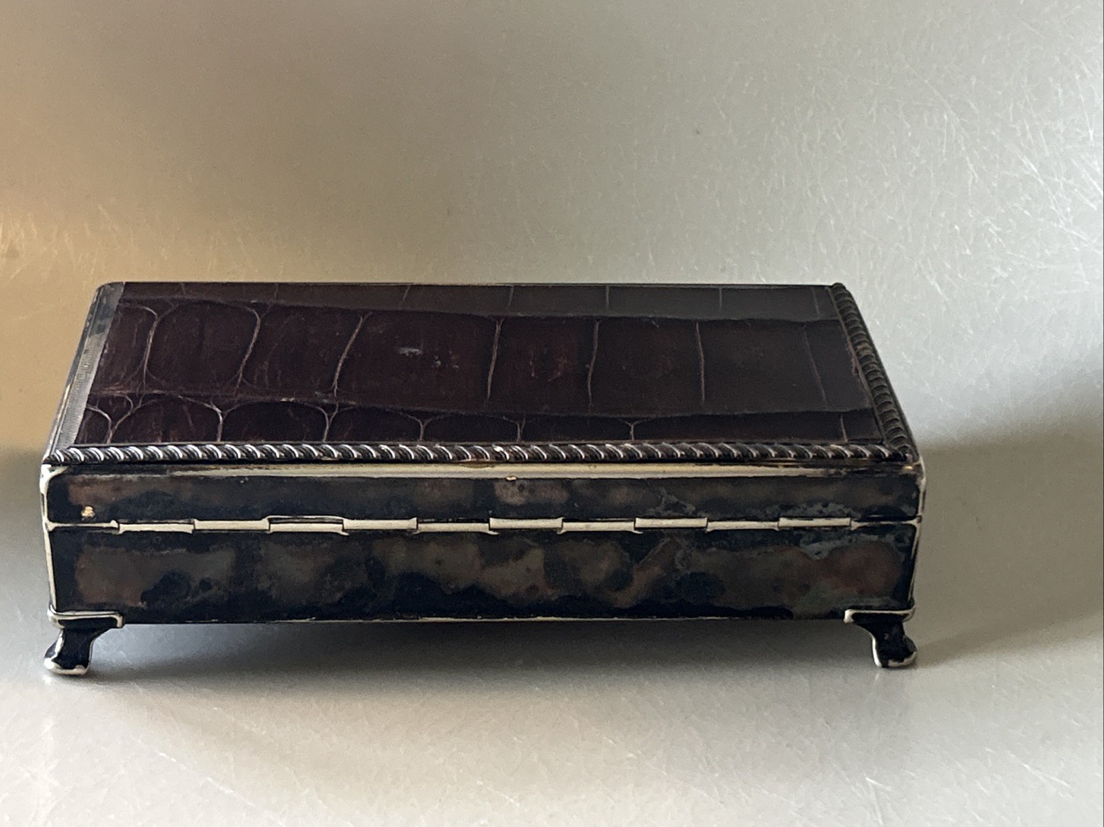 Aristocrat Silver Plate w/ Crocodile/ Alligator Top Cigarette Box Wood Lining