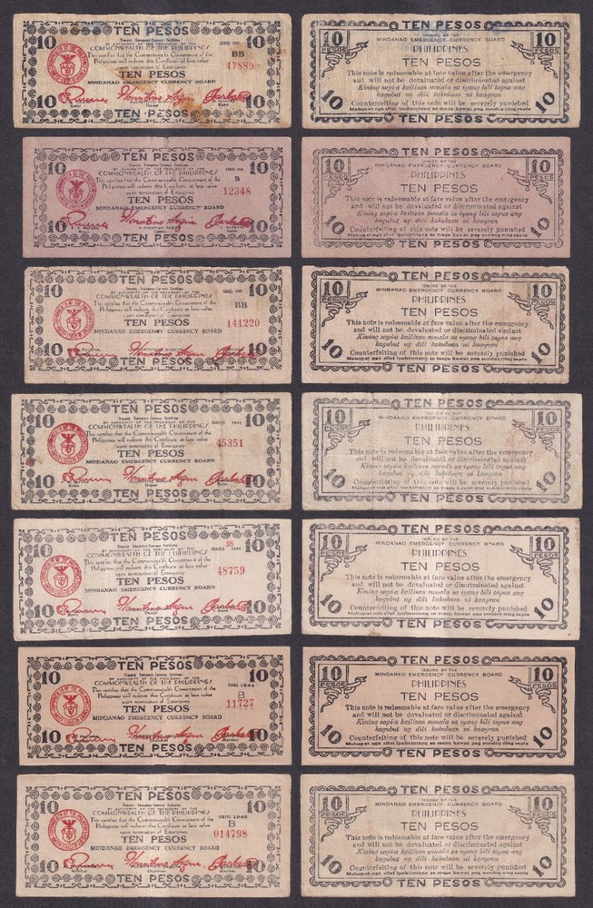 7 Varieties MINDANAO 10 PESOS Philippine WW2 Emergency Banknote