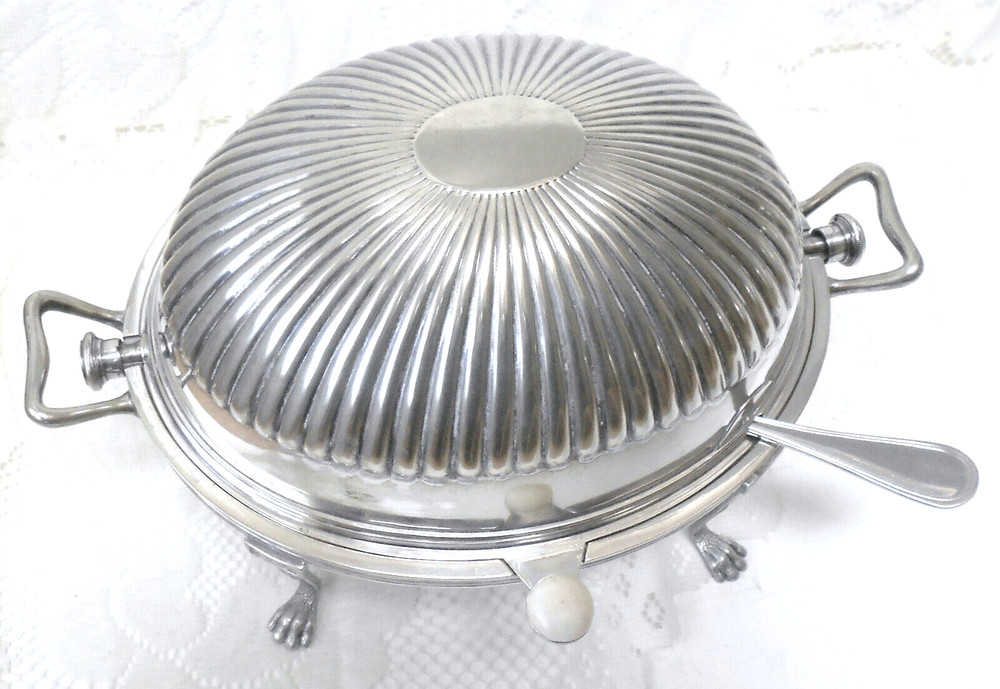 3Pc Atq SLV PLATE DOMED ROLL TOP BREAKFAST WARMER/SERVER w/TRAYS + SERVING FORK