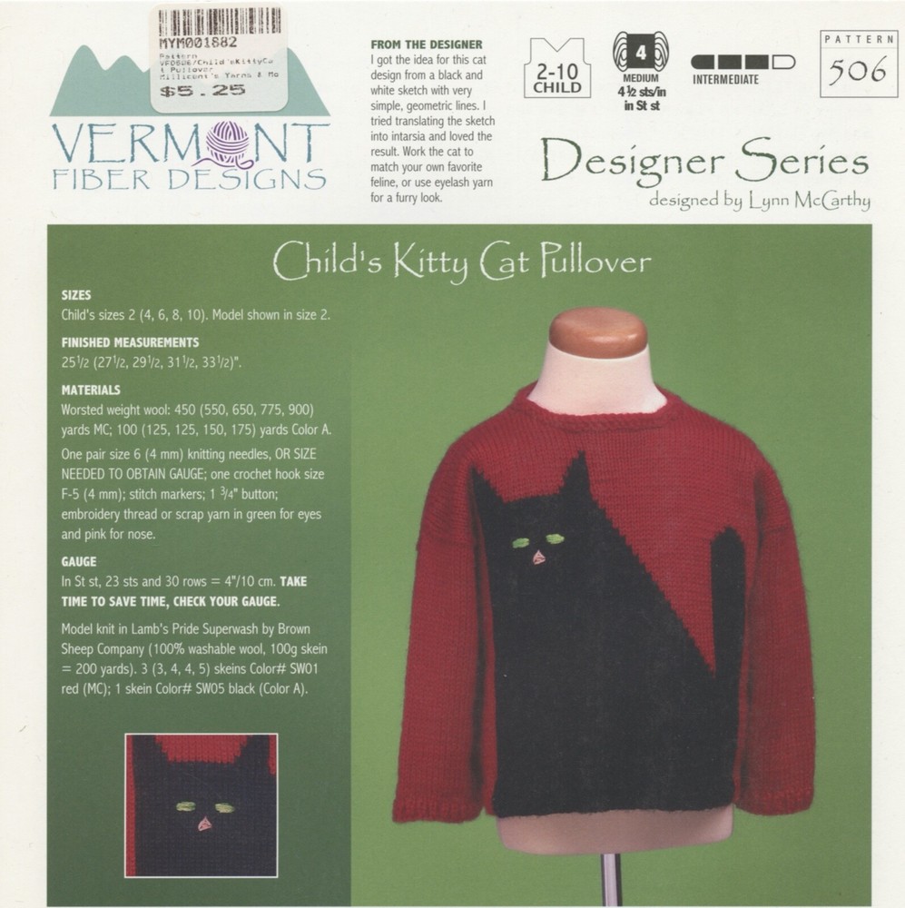 Vermont Fiber Designs Knitting Pattern 506 Child's Kitty Cat Pullover 2-10