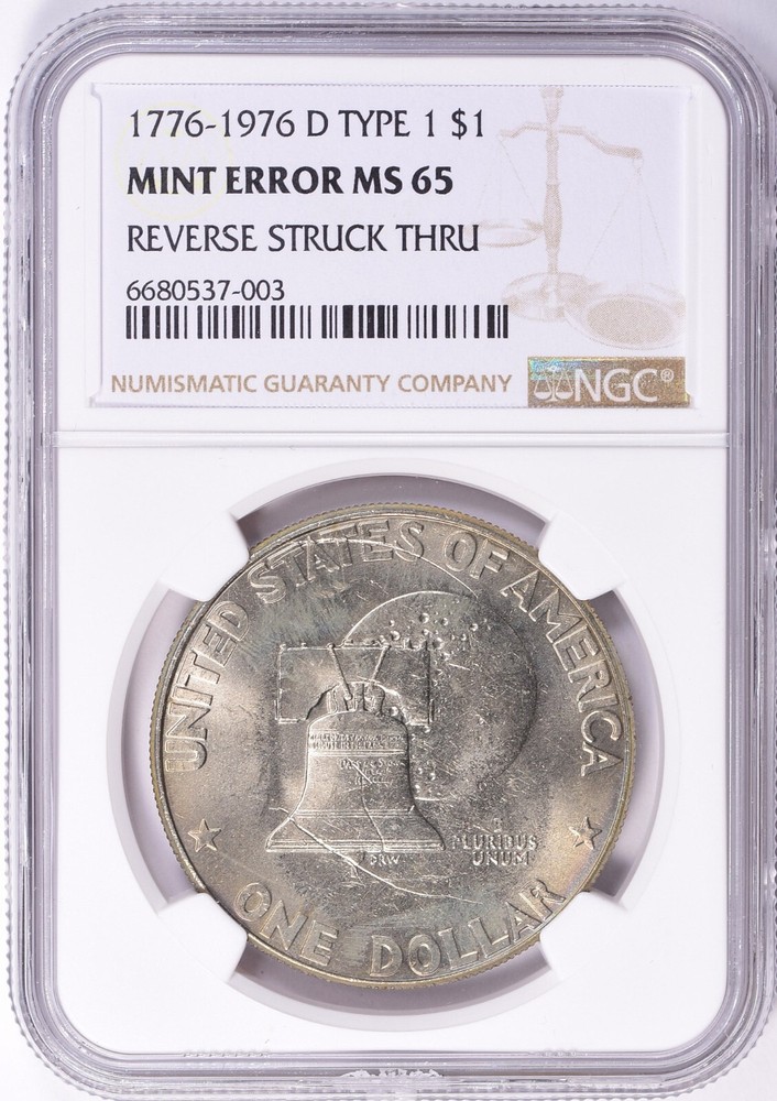 1976-D Eisenhower Dollar IKE NGC MS-65 Reverse Struck Thru Mint Error Through