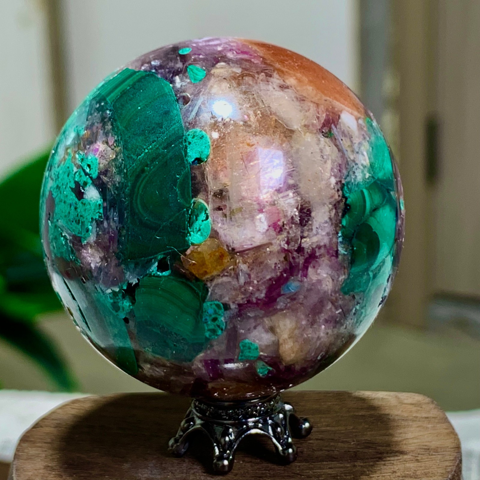 117G Newly discovered rare malachite purple mica symbiotic sphere restoration