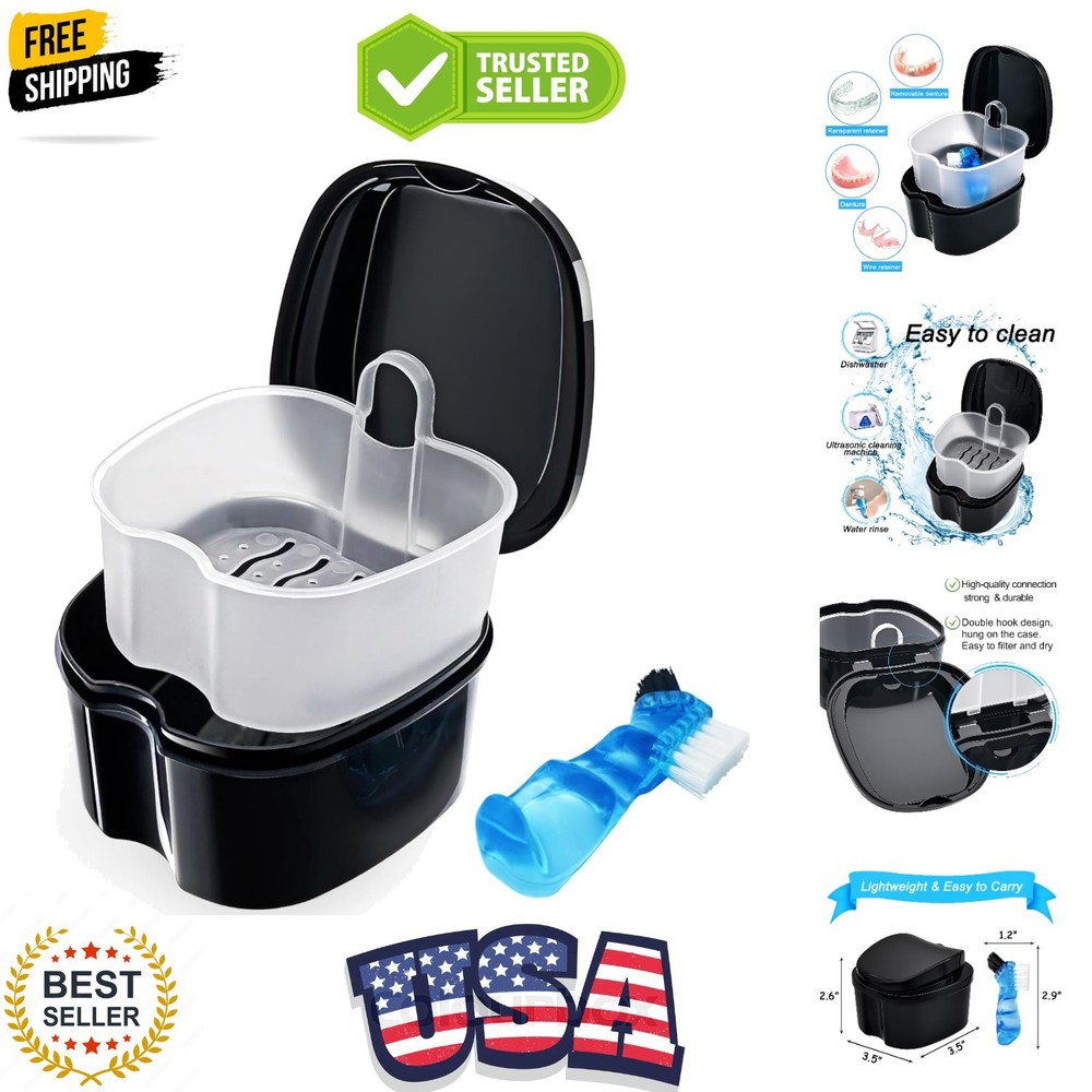 Black Denture Soaking Container Partial Denture Case, Orthodontic Retainer Cl...