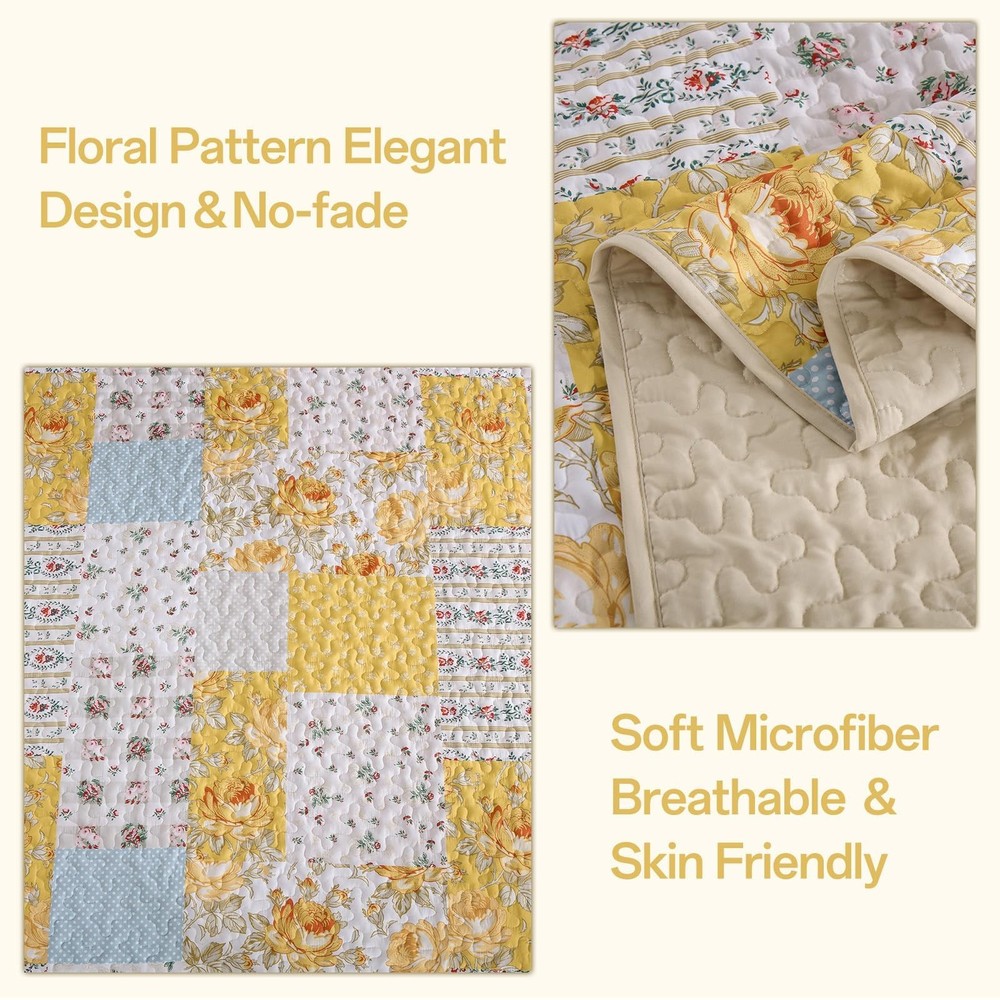 Anibedding Yellow Patchwork Quilt Set Queen Size Boho Floral Queen,